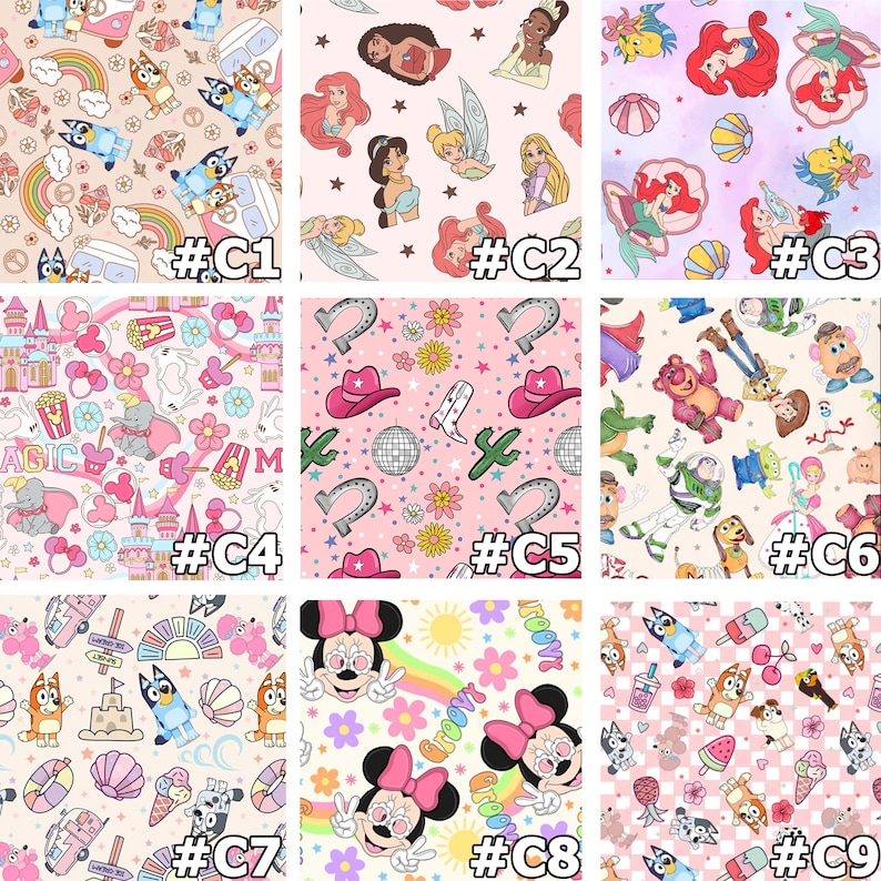 Puede incluir: Nueve patrones de tela coloridos diferentes con varios personajes de dibujos animados, incluidas princesas de Disney, personajes de la Patrulla Canina, Mickey Mouse, personajes de Toy Story y m&aacute;s. Los patrones est&aacute;n sobre un fondo blanco con acentos rosas, azules y amarillos.