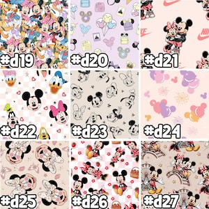 Puede incluir: Nueve dise&ntilde;os de tela diferentes con Mickey Mouse y otros personajes de Disney. Los dise&ntilde;os incluyen Mickey Mouse, Minnie Mouse, Donald Duck, Goofy y otros personajes de Disney. Los dise&ntilde;os son de varios colores, incluyendo rosa, negro, blanco y marr&oacute;n.