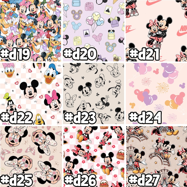 Puede incluir: Nueve dise&ntilde;os de tela diferentes con Mickey Mouse y otros personajes de Disney. Los dise&ntilde;os incluyen Mickey Mouse, Minnie Mouse, Donald Duck, Goofy y otros personajes de Disney. Los dise&ntilde;os son de varios colores, incluyendo rosa, negro, blanco y marr&oacute;n.