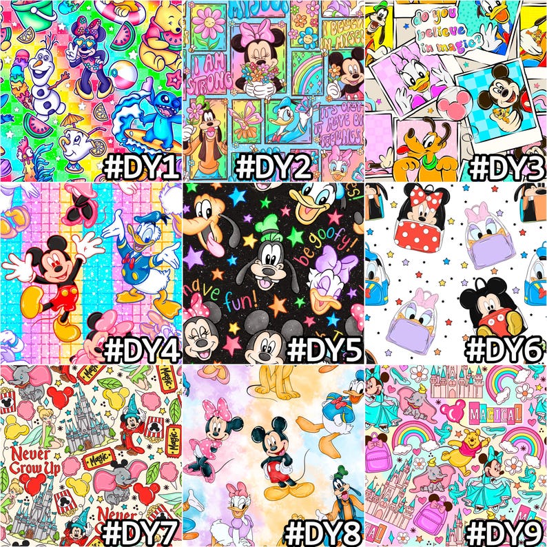 K&ouml;nnte beinhalten: Eine Sammlung farbenfroher Stoffquadrate im Disney-Stil. Jedes Quadrat zeigt verschiedene Charaktere wie Micky Maus, Minnie Maus, Donald Duck und Goofy. Die Designs umfassen verschiedene Muster, Text und leuchtende Farben, ideal f&uuml;r Bastelprojekte.