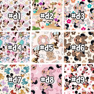May include: Nine different digital designs featuring Mickey Mouse and Minnie Mouse in various poses and settings. The designs include a beach scene, a doughnut, a floral pattern, a Toy Story theme, a leopard print, a bow pattern, a Louis Vuitton pattern, and a chequered pattern.
