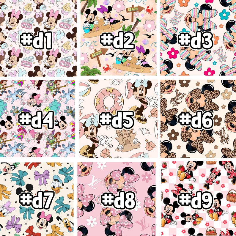 May include: Nine different digital designs featuring Mickey Mouse and Minnie Mouse in various poses and settings. The designs include a beach scene, a doughnut, a floral pattern, a Toy Story theme, a leopard print, a bow pattern, a Louis Vuitton pattern, and a chequered pattern.