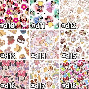 May include: A collage of 9 different digital designs featuring Mickey Mouse and Minnie Mouse characters. The designs include a variety of themes, such as food, travel, and school. The designs are all in a cartoon style and are perfect for use on fabric, paper, or other surfaces.