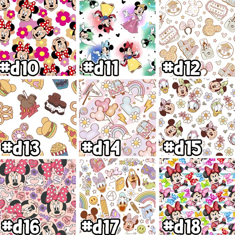 May include: A collage of 9 different digital designs featuring Mickey Mouse and Minnie Mouse characters. The designs include a variety of themes, such as food, travel, and school. The designs are all in a cartoon style and are perfect for use on fabric, paper, or other surfaces.