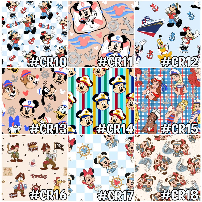 May include: A collection of fabric patterns featuring various Disney characters. Designs include Mickey Mouse in sailor attire, nautical themes with anchors and ships, and pirate-themed patterns. Each pattern has a unique color scheme and character arrangement.