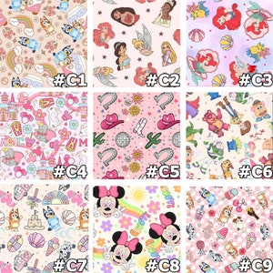 May include: Nine different digital paper designs featuring various cartoon characters and patterns. The designs include characters from Disney, Pixar, and Paw Patrol. The designs are in a variety of colors, including pink, blue, yellow, and green.