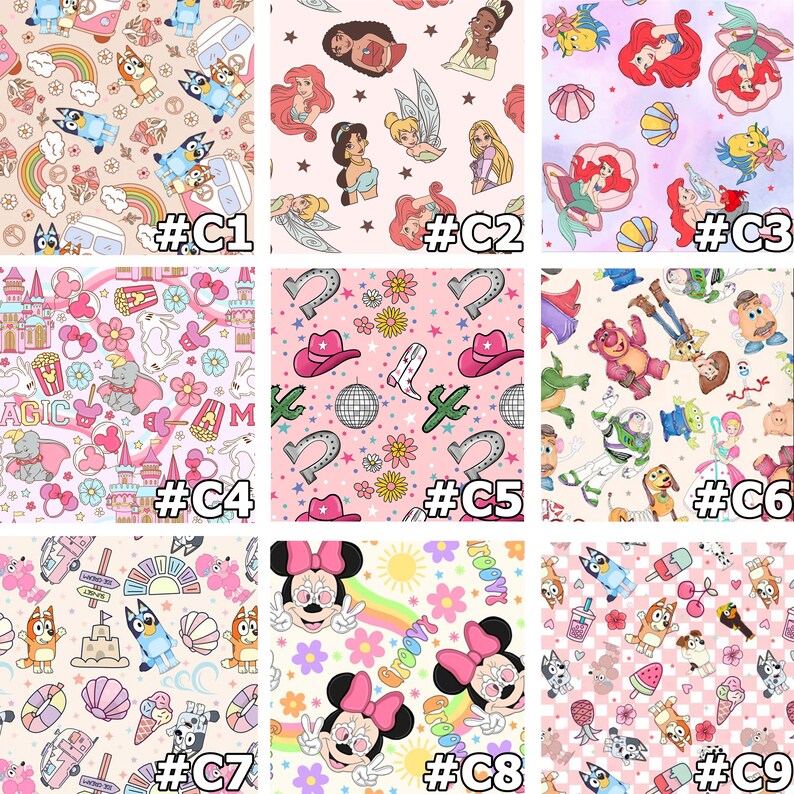 May include: Nine different digital paper designs featuring various cartoon characters and patterns. The designs include characters from Disney, Pixar, and Paw Patrol. The designs are in a variety of colors, including pink, blue, yellow, and green.