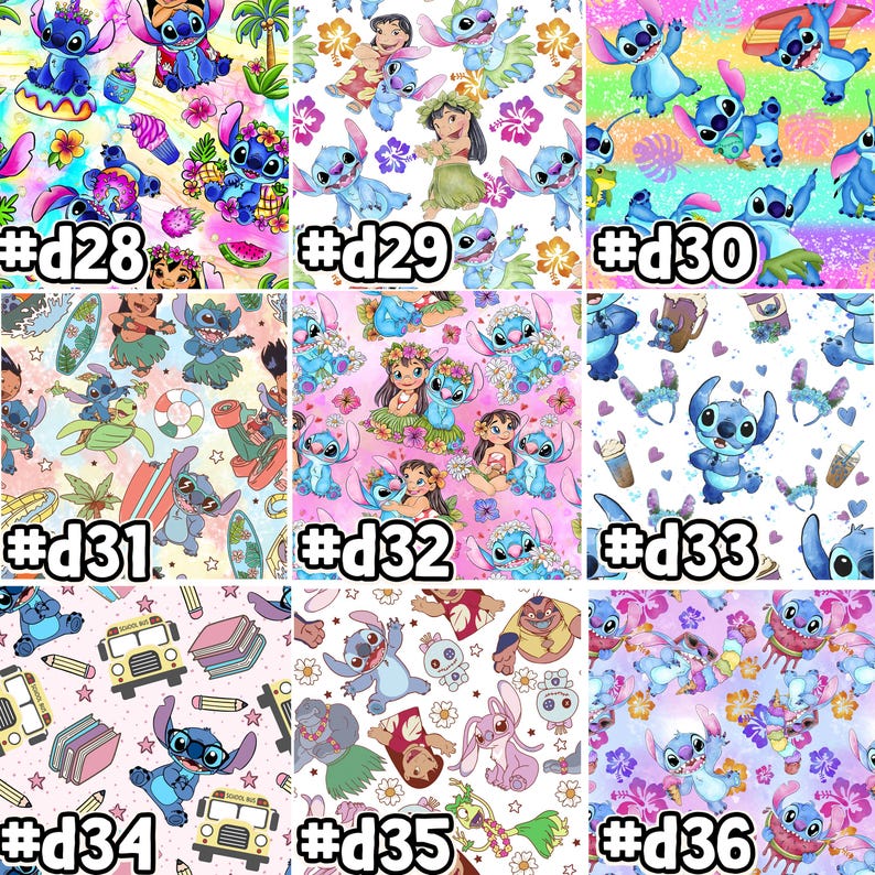 May include: Nine different digital designs featuring Stitch from Lilo & Stitch. Each design features Stitch in a different pose and setting, including a tropical beach, a school bus, and a coffee cup. The designs are perfect for creating custom fabric, wallpaper, or other creative projects.