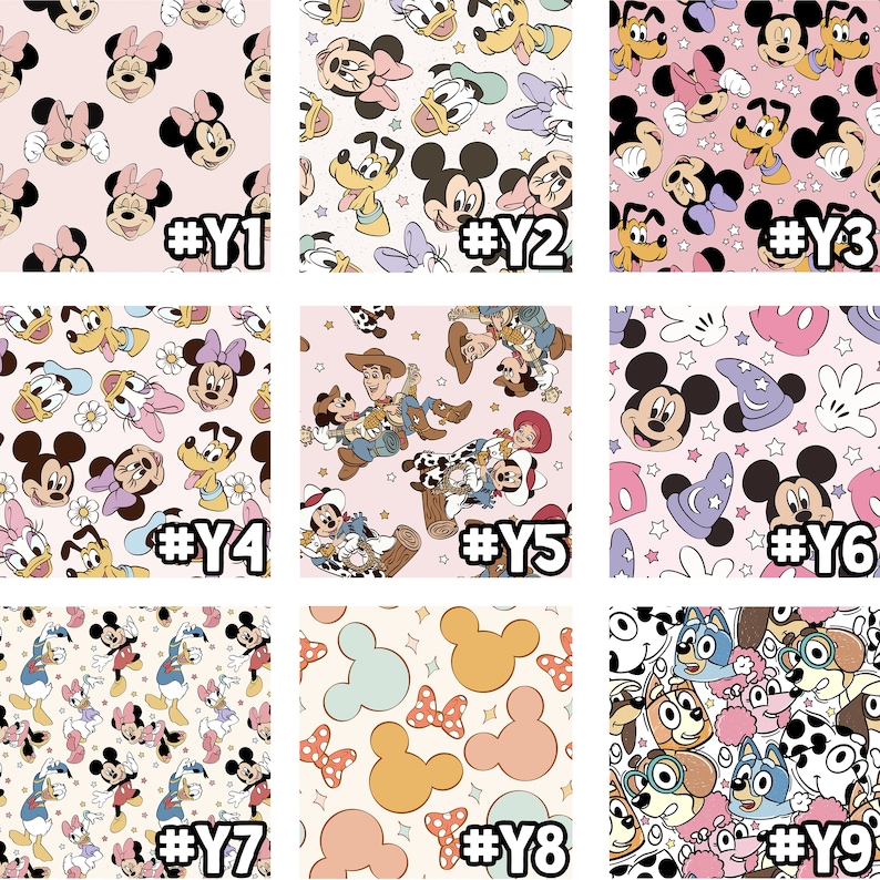 Może przedstawiać: Dziewięć r&oacute;żnych wzor&oacute;w tkanin z r&oacute;żnymi postaciami Disneya, w tym Myszka Miki, Minnie Mouse, Kaczor Donald, Goofy, Pluto i Woody z Toy Story. Każdy wz&oacute;r jest na r&oacute;żowym lub kremowym tle z gwiazdami i innymi elementami dekoracyjnymi.