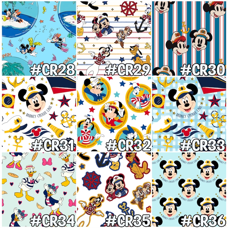 May include: A collection of fabric swatches featuring various Disney characters in nautical and cruise-themed designs. The patterns include Mickey Mouse, Donald Duck, and Goofy, with anchors, stars, and ship wheels. Each swatch is labeled with a code.