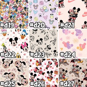 May include: Nine different fabric designs featuring Mickey Mouse and other Disney characters. The designs include Mickey Mouse, Minnie Mouse, Donald Duck, Goofy, and other Disney characters. The designs are in various colours, including pink, black, white, and brown.