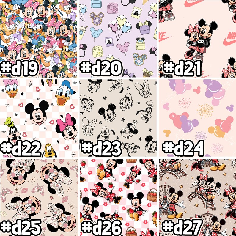 May include: Nine different fabric designs featuring Mickey Mouse and other Disney characters. The designs include Mickey Mouse, Minnie Mouse, Donald Duck, Goofy, and other Disney characters. The designs are in various colours, including pink, black, white, and brown.