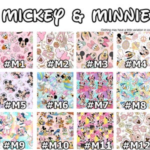 May include: Twelve different fabric designs featuring Mickey Mouse and Minnie Mouse in various poses and settings. The designs include a pink and white floral pattern, a blue and white star pattern, a pink and white cupcake pattern, and a yellow and white polka dot pattern.