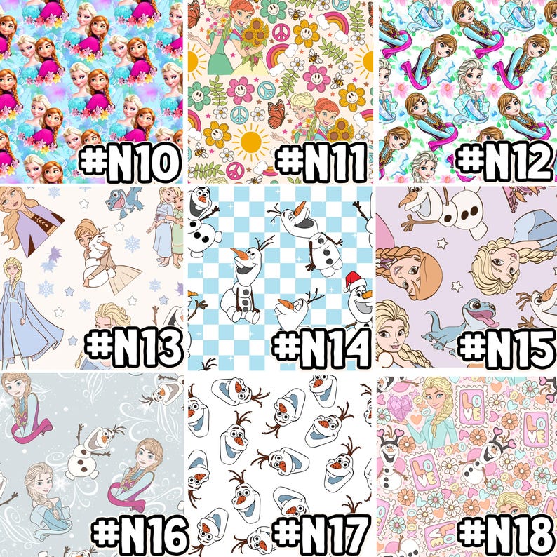 Puede incluir: Un collage de 18 dise&ntilde;os digitales diferentes con personajes de la pel&iacute;cula animada Frozen. Los dise&ntilde;os incluyen varios patrones con personajes como Elsa, Anna, Olaf y Kristoff. Los dise&ntilde;os est&aacute;n etiquetados con los n&uacute;meros N10 a N18.