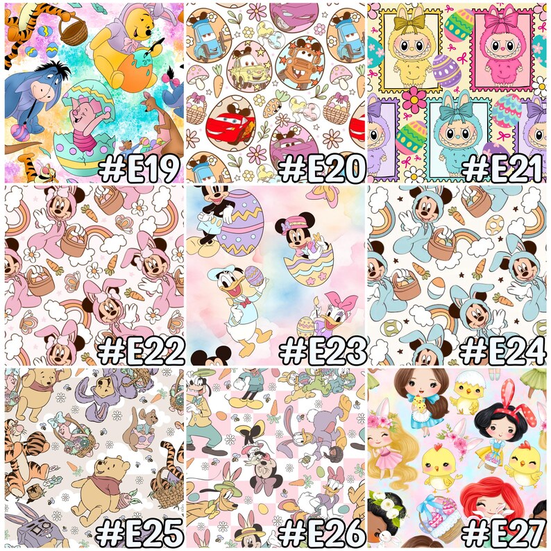 May include: A collection of colorful fabric patterns featuring various Disney characters and Easter-themed elements. Designs include Winnie the Pooh, Mickey and Minnie Mouse, and Cars characters, along with Easter eggs, bunnies, and rainbows. Each pattern is labeled with a unique code.