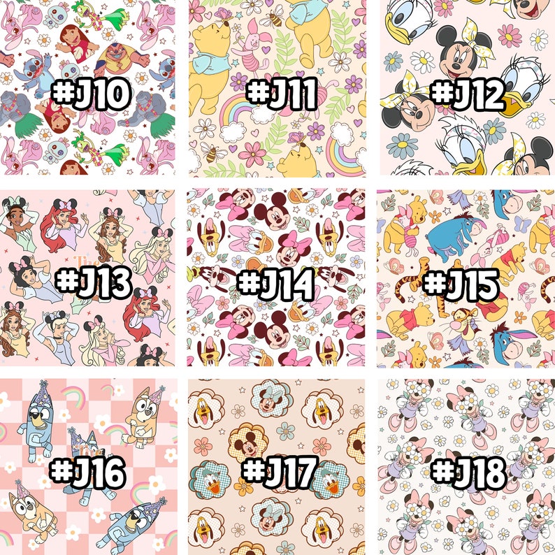 Może przedstawiać: Kolaż dziewięciu r&oacute;żnych wzor&oacute;w tkanin z postaciami Disneya. Wzory obejmują Stitch, Kubusia Puchatka, Myszki Miki, Myszki Minnie, Donalda Kaczora, Ariel, Kopciuszka i wiele innych. Każdy wz&oacute;r jest oznaczony numerem od #J10 do #J18.