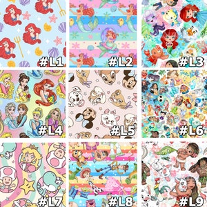 May include: Nine different colorful fabric designs featuring various Disney characters, including princesses, mermaids, Mickey Mouse, and characters from Toy Story and Moana. Each design is labeled with a number.