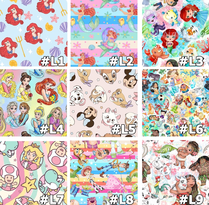 May include: Nine different colorful fabric designs featuring various Disney characters, including princesses, mermaids, Mickey Mouse, and characters from Toy Story and Moana. Each design is labeled with a number.
