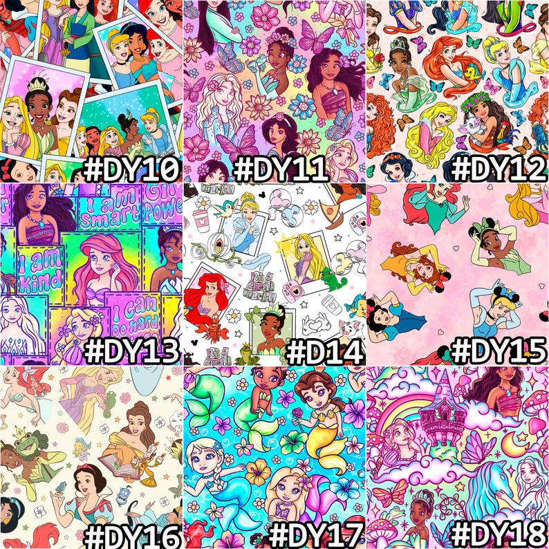 K&ouml;nnte beinhalten: Eine Sammlung von Stoffmustern mit verschiedenen Disney-Prinzessinnen-Designs. Die Muster enthalten Bilder von Prinzessinnen, Schmetterlingen und floralen Elementen in leuchtenden Farben. Jedes Muster ist mit einem eindeutigen Code gekennzeichnet, wie z. B. #DY10, #DY11 und #DY12.