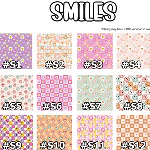 Puede incluir: Doce patrones de tela diferentes con caras sonrientes, flores y dise&ntilde;os a cuadros en varios colores, incluidos rosa, amarillo, verde, azul y naranja. Cada patr&oacute;n est&aacute; etiquetado con un n&uacute;mero del S1 al S12.