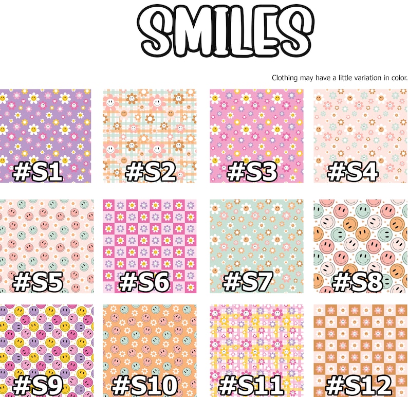 Puede incluir: Doce patrones de tela diferentes con caras sonrientes, flores y dise&ntilde;os a cuadros en varios colores, incluidos rosa, amarillo, verde, azul y naranja. Cada patr&oacute;n est&aacute; etiquetado con un n&uacute;mero del S1 al S12.