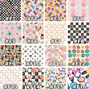 Puede incluir: Una hoja digital con 16 patrones diferentes con Mickey Mouse, Minnie Mouse y otros personajes de Disney. Los patrones incluyen dise&ntilde;os a cuadros, florales y de arco&iacute;ris. Los patrones est&aacute;n etiquetados con n&uacute;meros del #F1 al #F16.