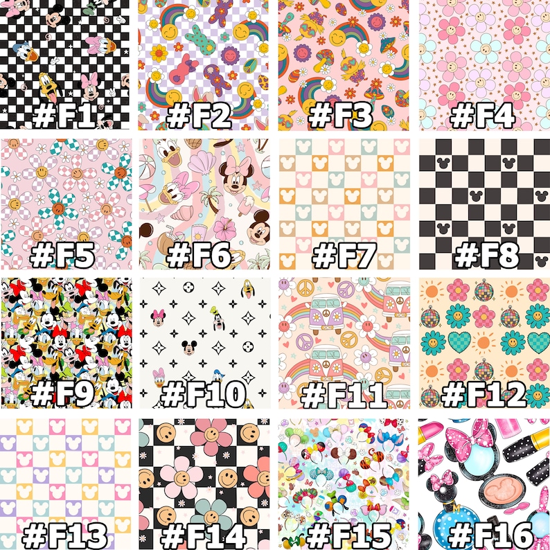 Puede incluir: Una hoja digital con 16 patrones diferentes con Mickey Mouse, Minnie Mouse y otros personajes de Disney. Los patrones incluyen dise&ntilde;os a cuadros, florales y de arco&iacute;ris. Los patrones est&aacute;n etiquetados con n&uacute;meros del #F1 al #F16.