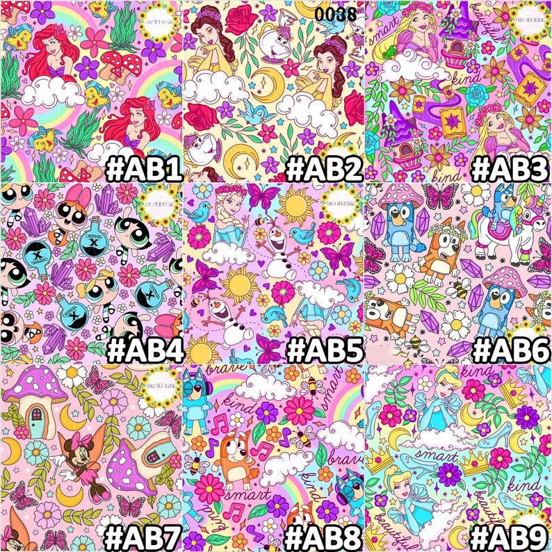 K&ouml;nnte beinhalten: Ein lebendiger Stoff mit verschiedenen Cartoon-Charakteren und floralen Elementen. Das Design umfasst Charaktere wie Arielle, Belle und Elsa sowie Schmetterlinge, Pilze und Regenbogen. Die Farbpalette ist &uuml;berwiegend rosa, lila und gelb.