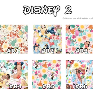 Puede incluir: Seis dise&ntilde;os de tela diferentes con personajes de Disney. Los dise&ntilde;os incluyen princesas, Stitch, Moana, Mickey Mouse y m&aacute;s. Los dise&ntilde;os est&aacute;n todos sobre un fondo claro con una variedad de colores.