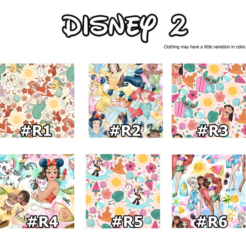 Puede incluir: Seis dise&ntilde;os de tela diferentes con personajes de Disney. Los dise&ntilde;os incluyen princesas, Stitch, Moana, Mickey Mouse y m&aacute;s. Los dise&ntilde;os est&aacute;n todos sobre un fondo claro con una variedad de colores.