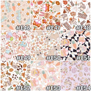 May include: A collection of nine fabric patterns featuring Easter-themed designs. The patterns include bunnies, eggs, flowers, and vintage vehicles in pastel colors. Each pattern is labeled with a number, such as #E46, #E47, and #E48.