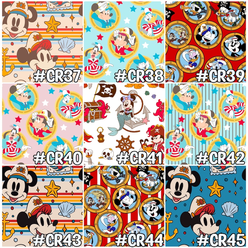 May include: A collection of nine fabric patterns featuring nautical and pirate-themed designs with cartoon characters. The patterns include Mickey Mouse, Donald Duck, and Goofy in sailor and pirate attire, with anchors, stars, and seashells. Each pattern is labeled with a code.