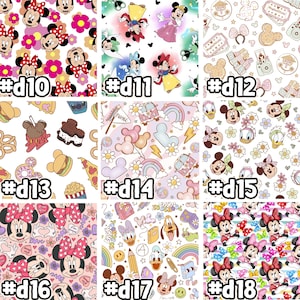 May include: A collage of 9 different digital designs featuring Mickey Mouse and Minnie Mouse characters. The designs include a variety of themes, such as food, travel, and school. The designs are all in a cartoon style and are perfect for use on fabric, paper, or other surfaces.