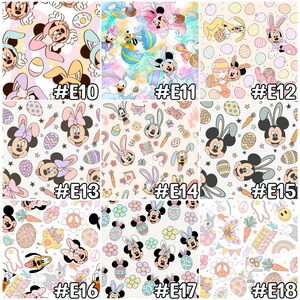 May include: A collection of Easter-themed fabric patterns featuring cartoon characters like Mickey and Minnie Mouse, and other characters dressed as bunnies. The designs include Easter eggs, carrots, and flowers in pastel colors. Each pattern is labeled with a number.