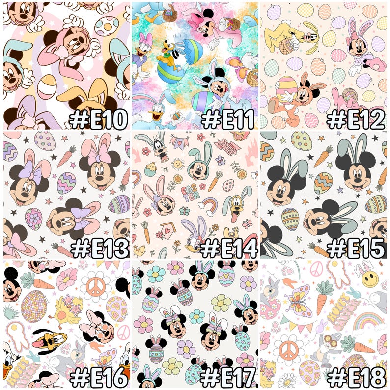 May include: A collection of Easter-themed fabric patterns featuring cartoon characters like Mickey and Minnie Mouse, and other characters dressed as bunnies. The designs include Easter eggs, carrots, and flowers in pastel colors. Each pattern is labeled with a number.