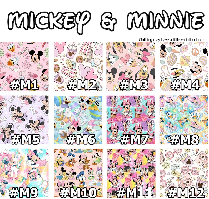 May include: Twelve different fabric designs featuring Mickey Mouse and Minnie Mouse in various poses and settings. The designs include a pink and white floral pattern, a blue and white Easter egg pattern, and a pink and white cupcake pattern. The designs are labeled with numbers from M1 to M12.
