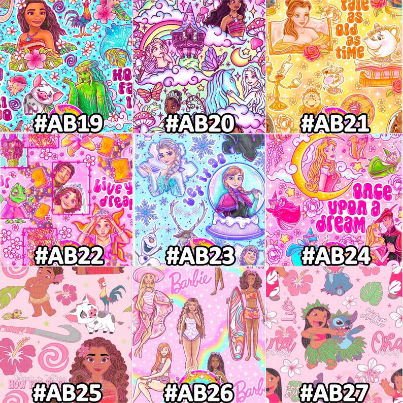 K&ouml;nnte beinhalten: Eine Sammlung farbenfroher Stoffmuster mit verschiedenen Zeichentrickfiguren und Designs. Jedes Muster hat ein einzigartiges Muster, darunter Prinzessinnen, Barbie-Puppen und tropische Themen. Die Muster sind mit dem Text "#AB19" bis "#AB27" beschriftet.