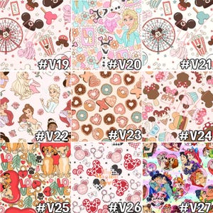 Puede incluir: Un collage de nueve dise&ntilde;os digitales diferentes con varios personajes y temas de Disney. Los dise&ntilde;os incluyen Mickey Mouse, Minnie Mouse, princesas, personajes de Frozen, donas y helados. Cada dise&ntilde;o est&aacute; etiquetado con un n&uacute;mero del V19 al V27.
