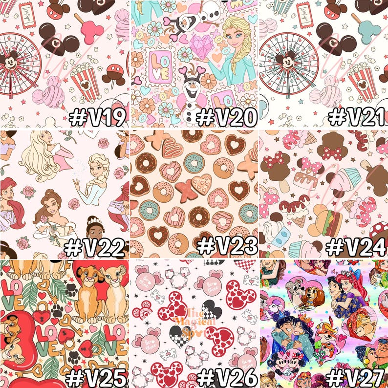 Puede incluir: Un collage de nueve dise&ntilde;os digitales diferentes con varios personajes y temas de Disney. Los dise&ntilde;os incluyen Mickey Mouse, Minnie Mouse, princesas, personajes de Frozen, donas y helados. Cada dise&ntilde;o est&aacute; etiquetado con un n&uacute;mero del V19 al V27.