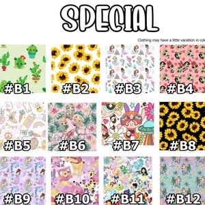 Puede incluir: Un collage de 12 patrones de tela diferentes, cada uno con un dise&ntilde;o &uacute;nico. Los patrones incluyen cactus, girasoles, sirenas, personajes de dibujos animados y m&aacute;s. Cada patr&oacute;n est&aacute; etiquetado con un n&uacute;mero, del B1 al B12.