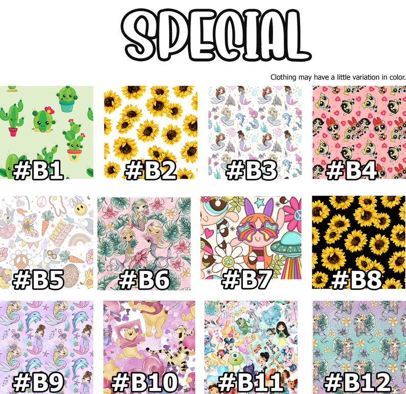 Puede incluir: Un collage de 12 patrones de tela diferentes, cada uno con un dise&ntilde;o &uacute;nico. Los patrones incluyen cactus, girasoles, sirenas, personajes de dibujos animados y m&aacute;s. Cada patr&oacute;n est&aacute; etiquetado con un n&uacute;mero, del B1 al B12.