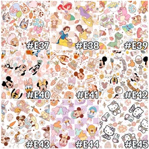 May include: A collection of patterned fabric swatches featuring cartoon characters and Easter-themed elements. Designs include Disney characters, princesses, and Easter eggs. Each swatch is labeled with a number, such as #E37, #E38, and #E40, and is set against a white background.