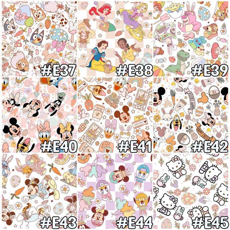 May include: A collection of patterned fabric swatches featuring cartoon characters and Easter-themed elements. Designs include Disney characters, princesses, and Easter eggs. Each swatch is labeled with a number, such as #E37, #E38, and #E40, and is set against a white background.