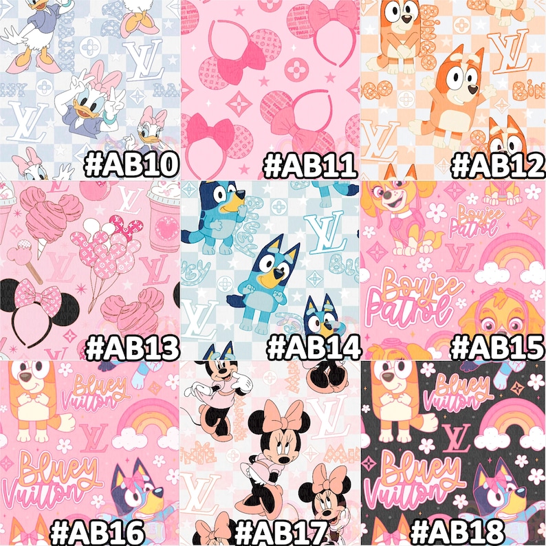 K&ouml;nnte beinhalten: Eine Sammlung von Stoffmustern mit Zeichentrickfiguren und Mustern. Designs umfassen Daisy Duck, Minnie Mouse, Bluey und Paw Patrol-Charaktere. Die Muster haben eine Vielzahl von Farben, darunter Rosa, Blau und Orange, mit dem Text "#AB10" bis "#AB18".