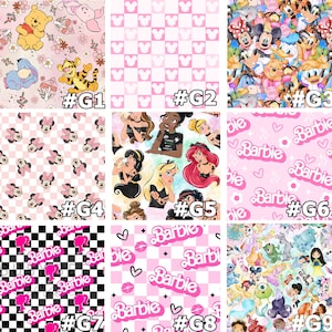 May include: Nine different digital paper designs featuring various cartoon characters, including Disney characters, princesses, and Barbie. The designs are in pink, white, and black.