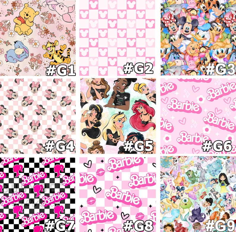 May include: Nine different digital paper designs featuring various cartoon characters, including Disney characters, princesses, and Barbie. The designs are in pink, white, and black.