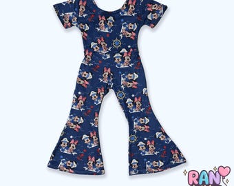 Disney Cruise Outfit for Girls, Minnie Mouse Sailor Jumpsuit, Toddler easter Bell Bottom Romper, Kids Summer Vacation Clothes, Retro Style
