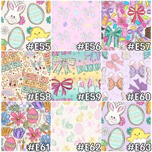 May include: A collection of Easter-themed patterns. Designs include bunnies, eggs, bows, and floral elements in pastel colors. Each pattern is labeled with a number, such as #E55, #E56, and #E57. The overall theme is festive and spring-like.