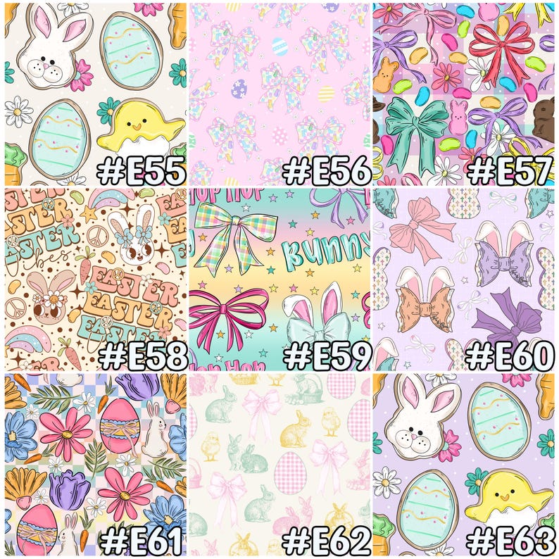 May include: A collection of Easter-themed patterns. Designs include bunnies, eggs, bows, and floral elements in pastel colors. Each pattern is labeled with a number, such as #E55, #E56, and #E57. The overall theme is festive and spring-like.