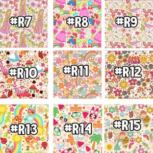 May include: A collage of 15 different colourful patterns, each with a unique design. The patterns include rainbows, flowers, cartoon characters, and other whimsical elements. Each pattern is labelled with a number, from #R7 to #R15.